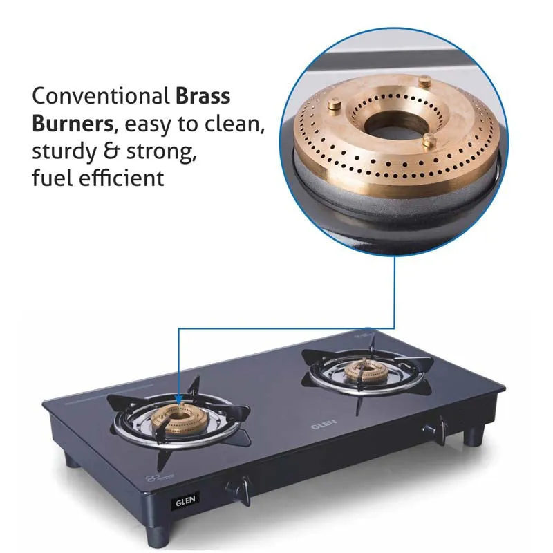 2 Burner  Glass Gas Stove Extra Large with Brass Burner Black (1020 GTXL BB BL)