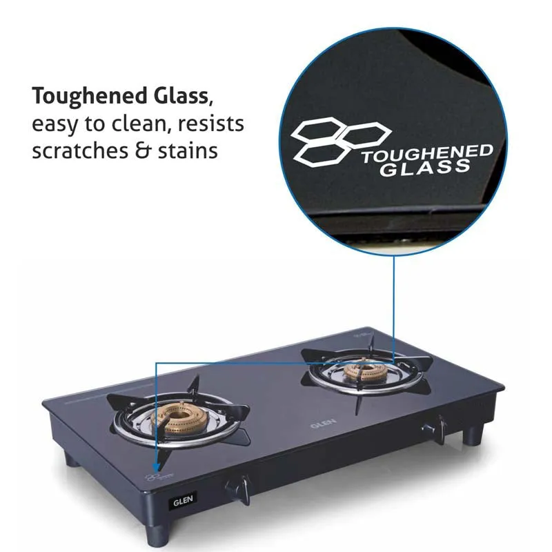 2 Burner  Glass Gas Stove Extra Large with Brass Burner Black (1020 GTXL BB BL)