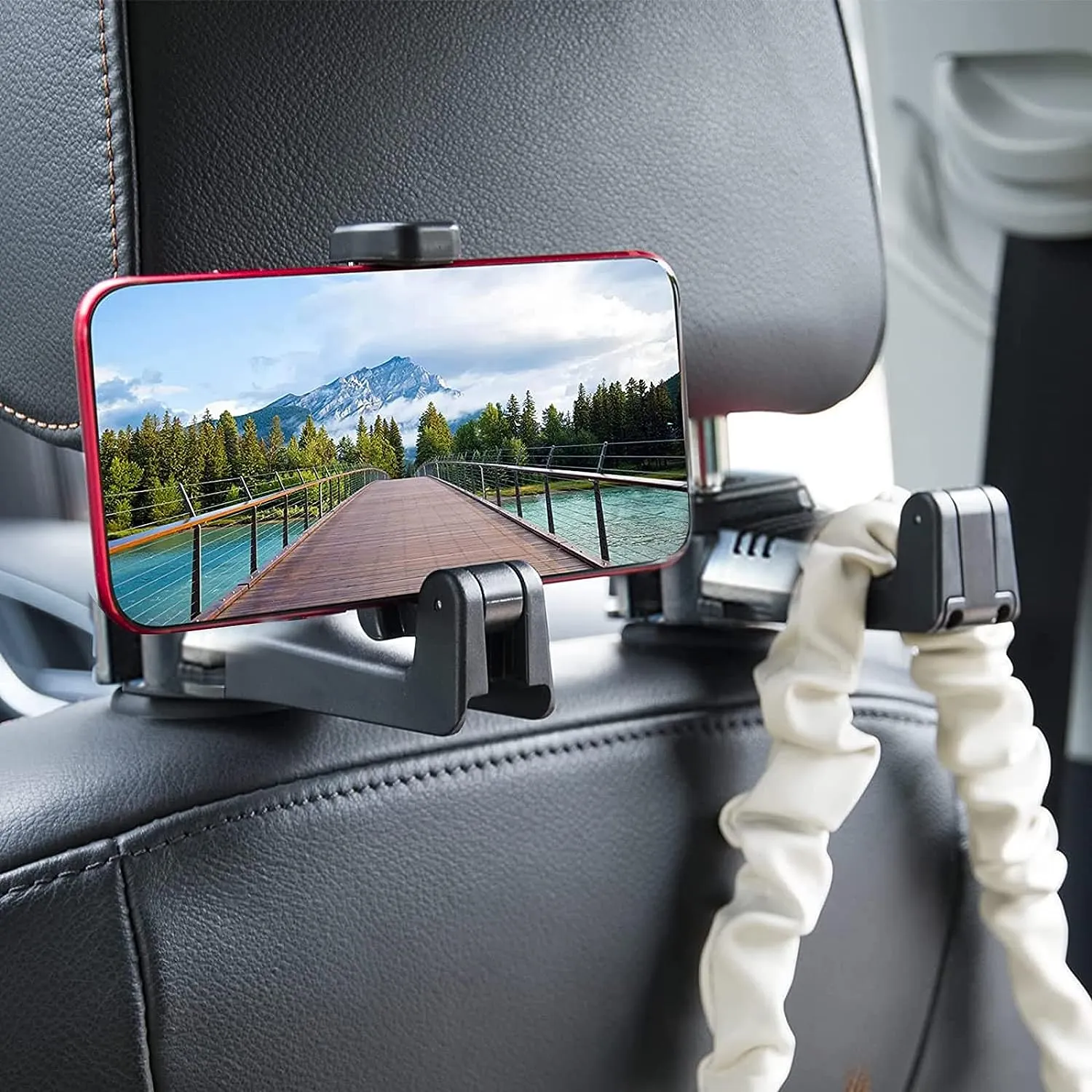 2 In 1 Headrest Hook And Phone Holder Grey