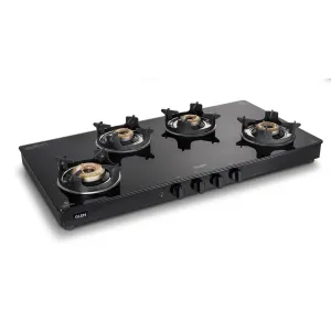 4 Burner Glass Gas Stove with High Flame Brass Burner and Crown Pan Supports (CT 1044 GT BB BL HF CP) - Manual/Auto Ignition