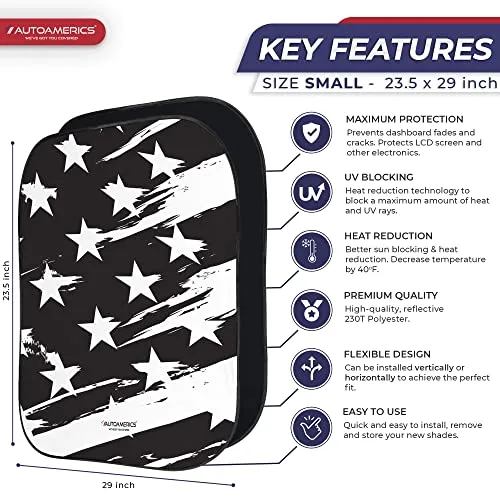 Autoamerics 2-Piece Windshield Sun Shade - B&W USA Flag Foldable Car Front Window Sunshade for Most Cars SUV Truck - Heat Blocker Visor Protector Blocks Max UV Rays and Keeps Your Vehicle Cool - Small