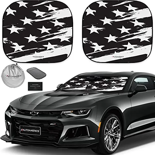 Autoamerics 2-Piece Windshield Sun Shade - B&W USA Flag Foldable Car Front Window Sunshade for Most Cars SUV Truck - Heat Blocker Visor Protector Blocks Max UV Rays and Keeps Your Vehicle Cool - Small