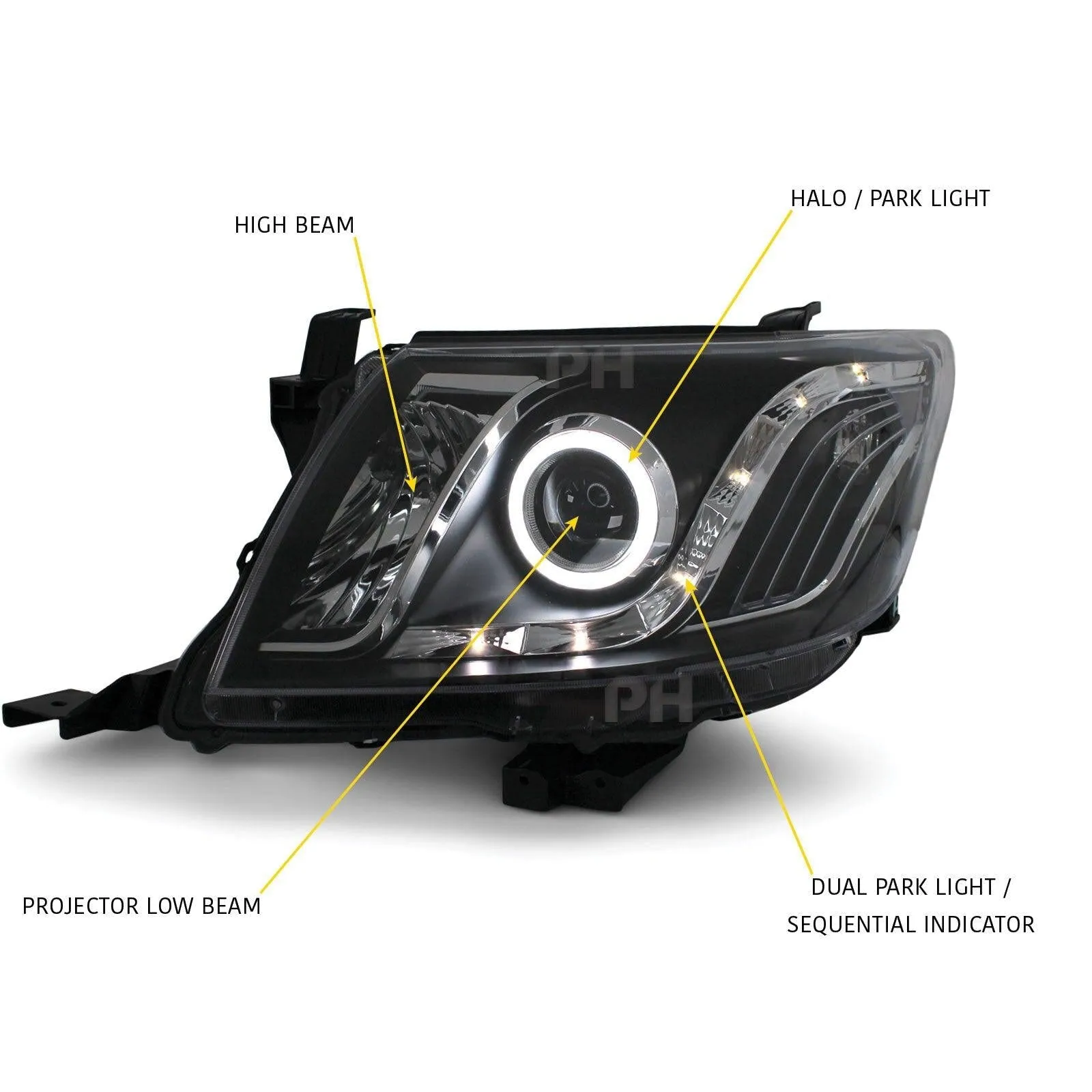 Black Headlights Sequential DRL Halo Projector Fits Toyota Hilux N70 07/11-2014