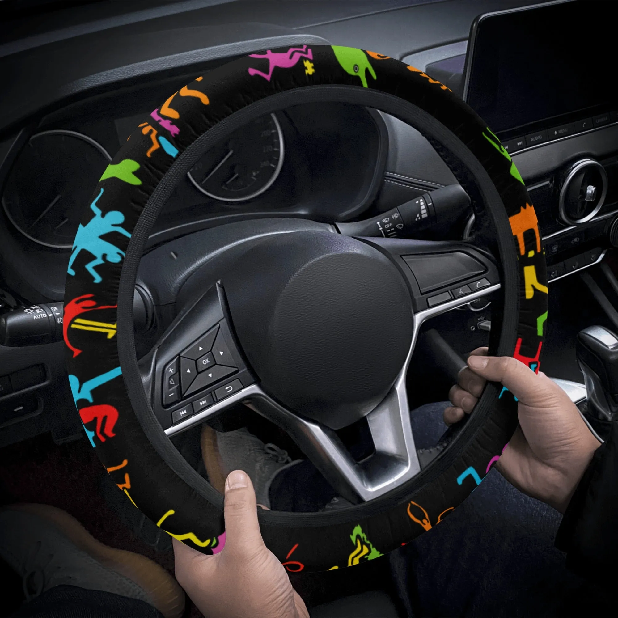 Car Accessories | Steering Wheel Cover | Universal Snug Fit | Wheel Wrap/Protector | Abstract Art- Haring Style