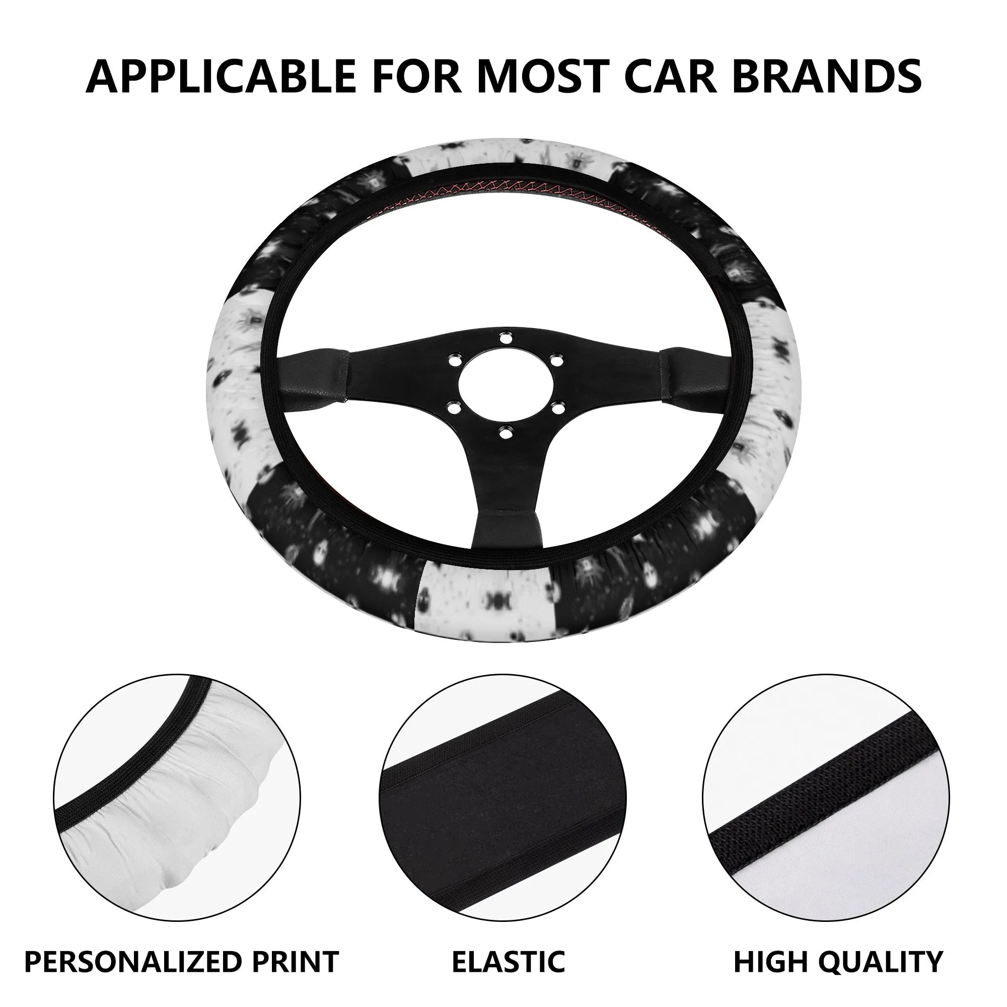 Car Accessories | Steering Wheel Cover | Universal Snug Fit | Wheel Wrap/Protector | Halloween-themed- Monochrome Checkered