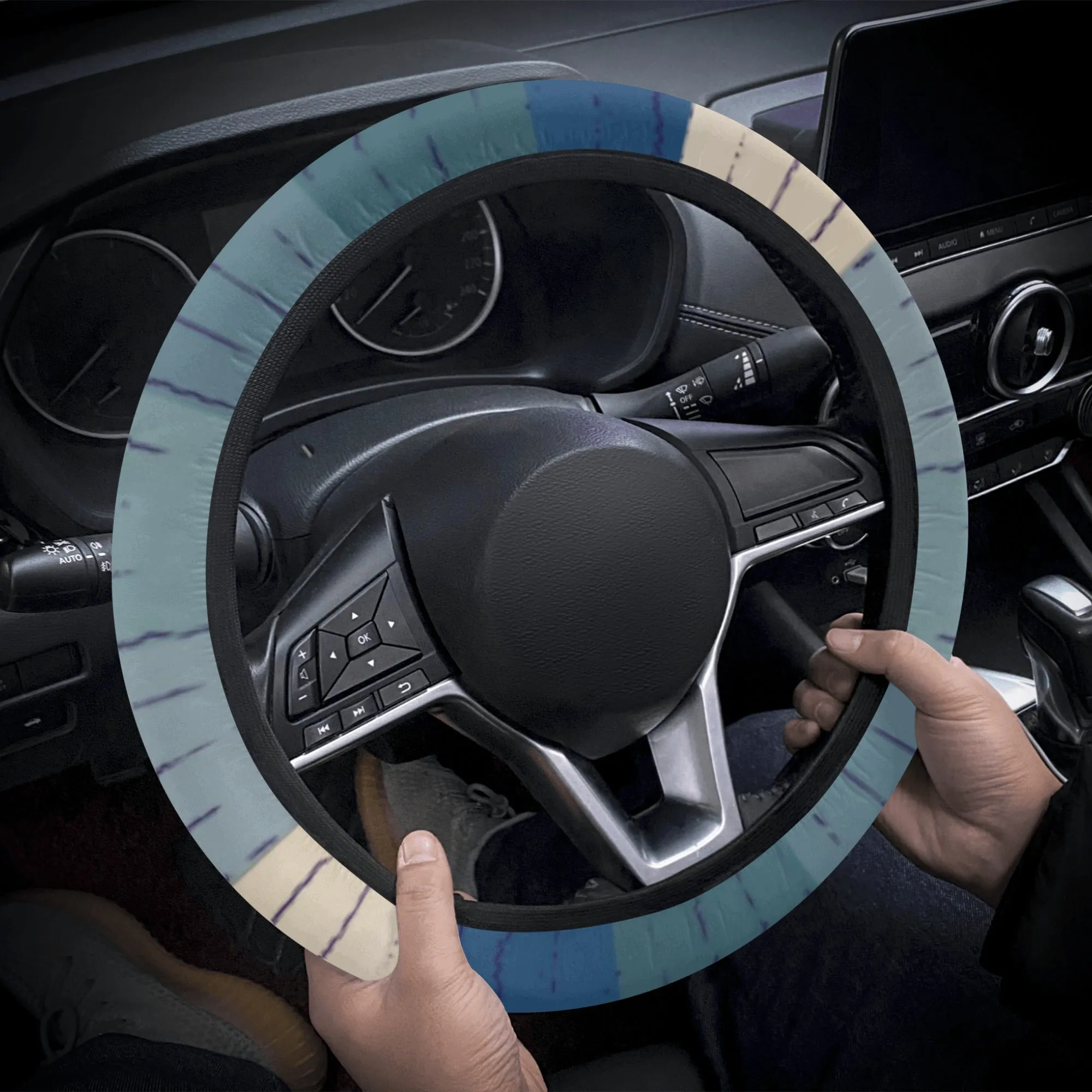 Car Accessories | Steering Wheel Cover | Universal Snug Fit | Wheel Wrap/Protector | Retro-themed- Blue Rainbow Sunset