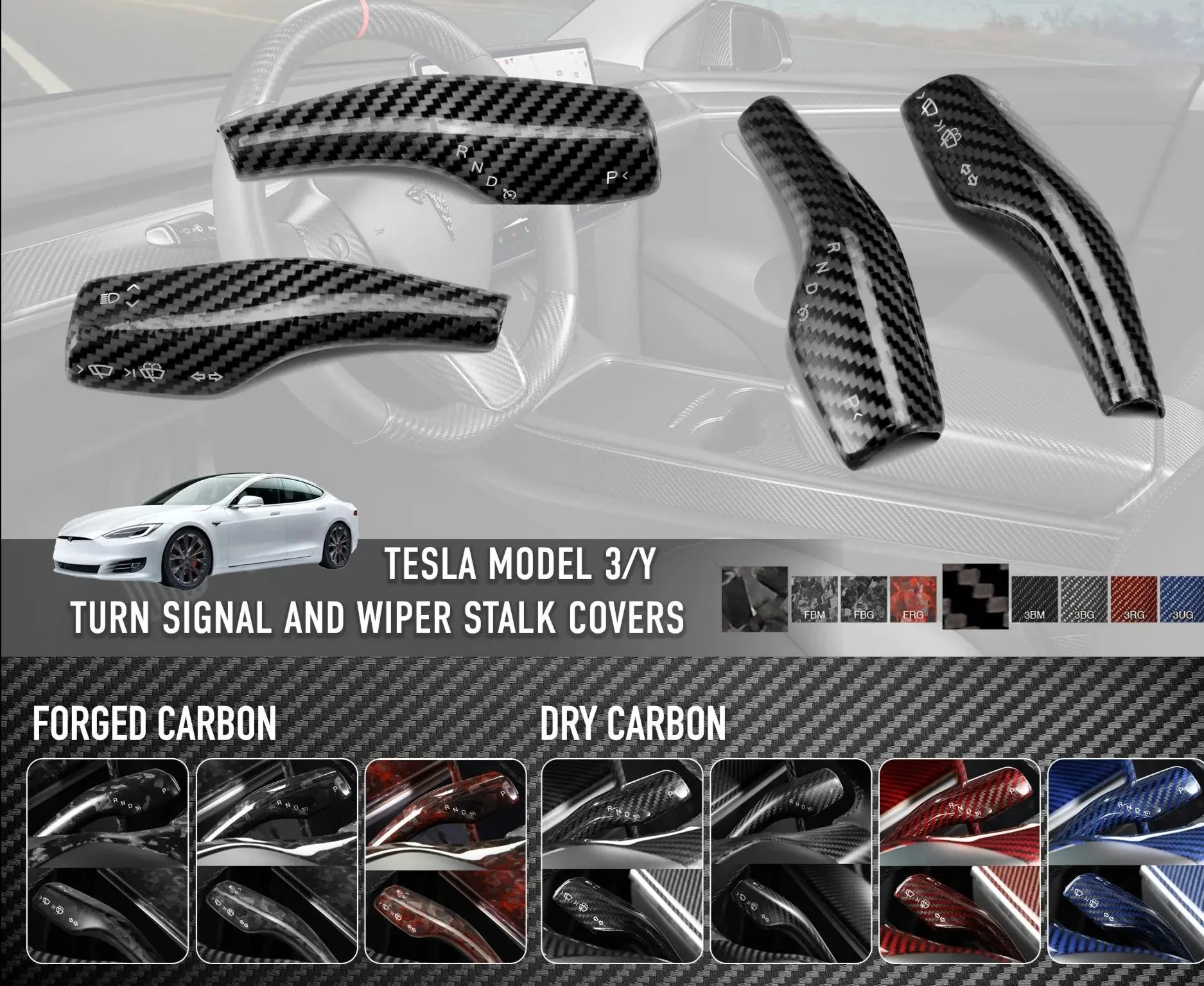 Carbonati USA Tesla Model 3 / Model Y Dry Carbon Fiber Turn Signal & Wiper Stalk Covers