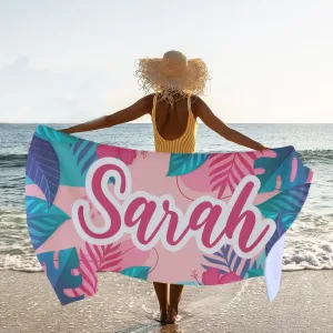 Custom Beach Towel, Bride Beach Towel with Your Name - Personalized Beach Towel Tropical Print, Monogrammed Towels, Custom Birthday Gift