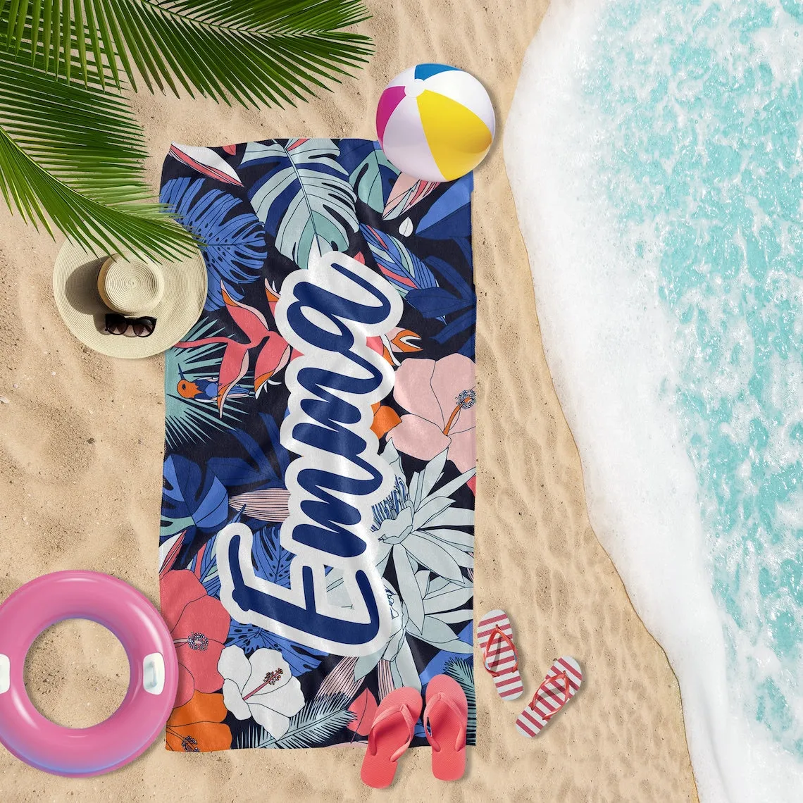 Custom Beach Towel, Bride Beach Towel with Your Name - Personalized Beach Towel Tropical Print, Monogrammed Towels, Custom Birthday Gift