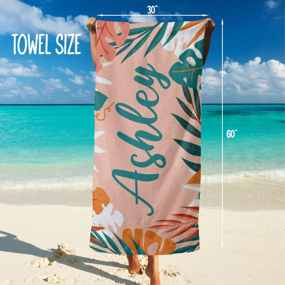 Custom Beach Towel, Bride Beach Towel with Your Name - Personalized Beach Towel Tropical Print, Monogrammed Towels, Custom Birthday Gift