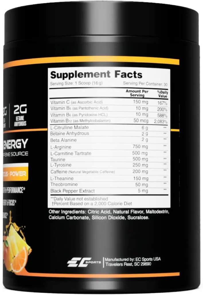 EC Sports, OptiForce Pre-Workout, Clean Energy, 6G Citrulline Mallate, 2G Beta Alanine, 2G Betaine Anhydrous, Natural Caffeine, Tropical Blast, 30 Servings, 15.34oz