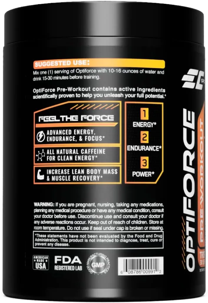 EC Sports, OptiForce Pre-Workout, Clean Energy, 6G Citrulline Mallate, 2G Beta Alanine, 2G Betaine Anhydrous, Natural Caffeine, Tropical Blast, 30 Servings, 15.34oz