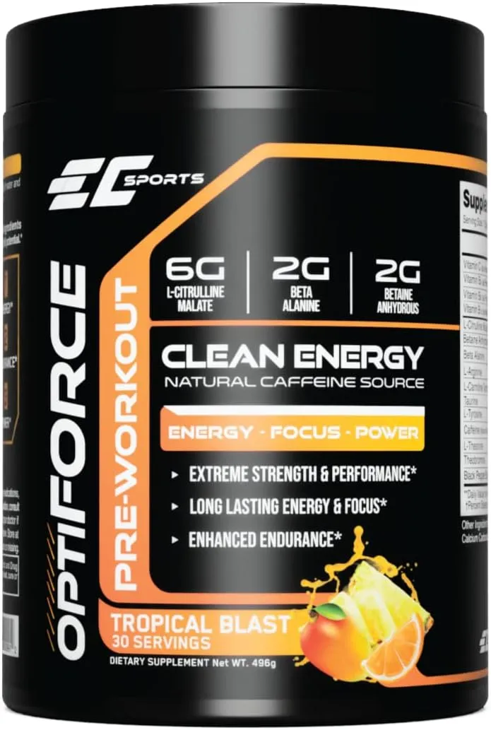 EC Sports, OptiForce Pre-Workout, Clean Energy, 6G Citrulline Mallate, 2G Beta Alanine, 2G Betaine Anhydrous, Natural Caffeine, Tropical Blast, 30 Servings, 15.34oz