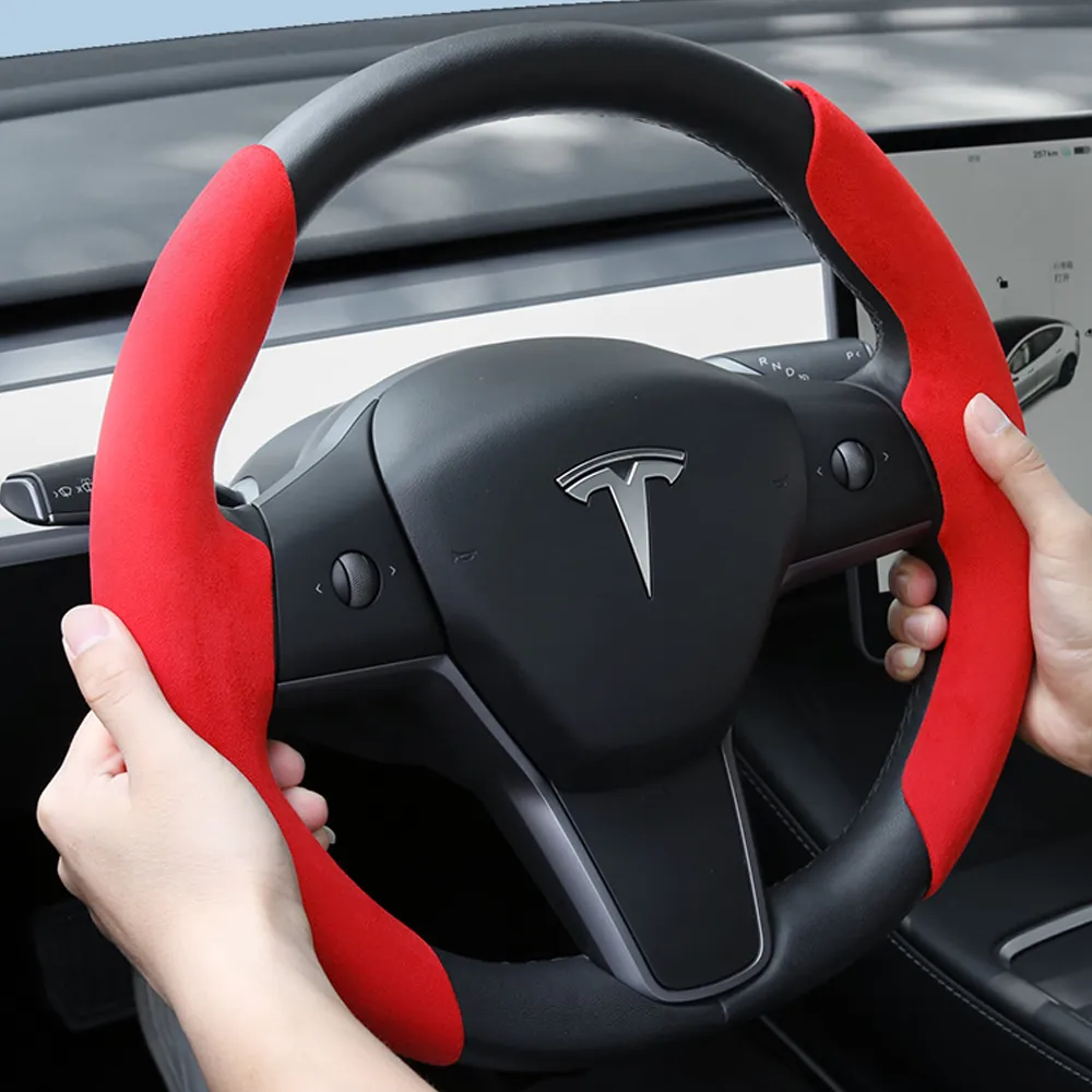 EVBASE Tesla Steering Wheel Cover Suede Alcantara Material Custom For Model 3 Y (2017-2024 Year)