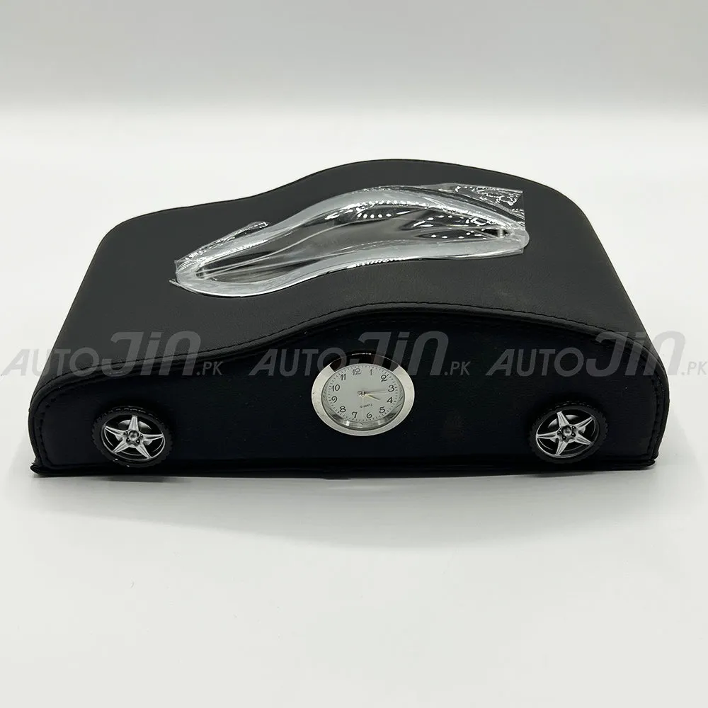 Exclusive Car-Shape Leather Tissue Box With Clock Black