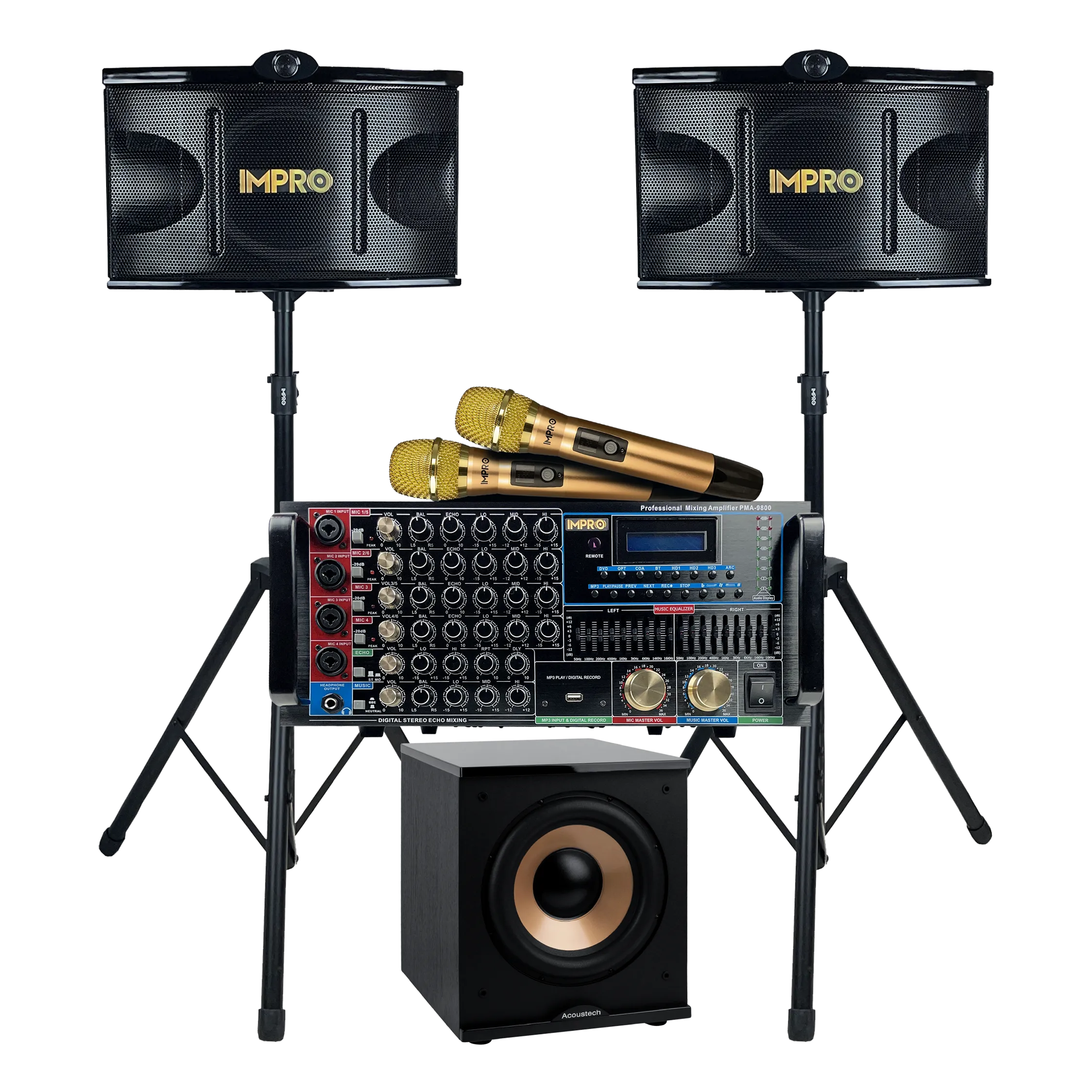 ImPro Epic Party Bundle 2 Plus with Mixing Amplifier, Speakers, Subwoofer, Microphones, and Accessories (6 Items)