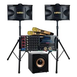 ImPro Epic Party Bundle 2 Plus with Mixing Amplifier, Speakers, Subwoofer, Microphones, and Accessories (6 Items)