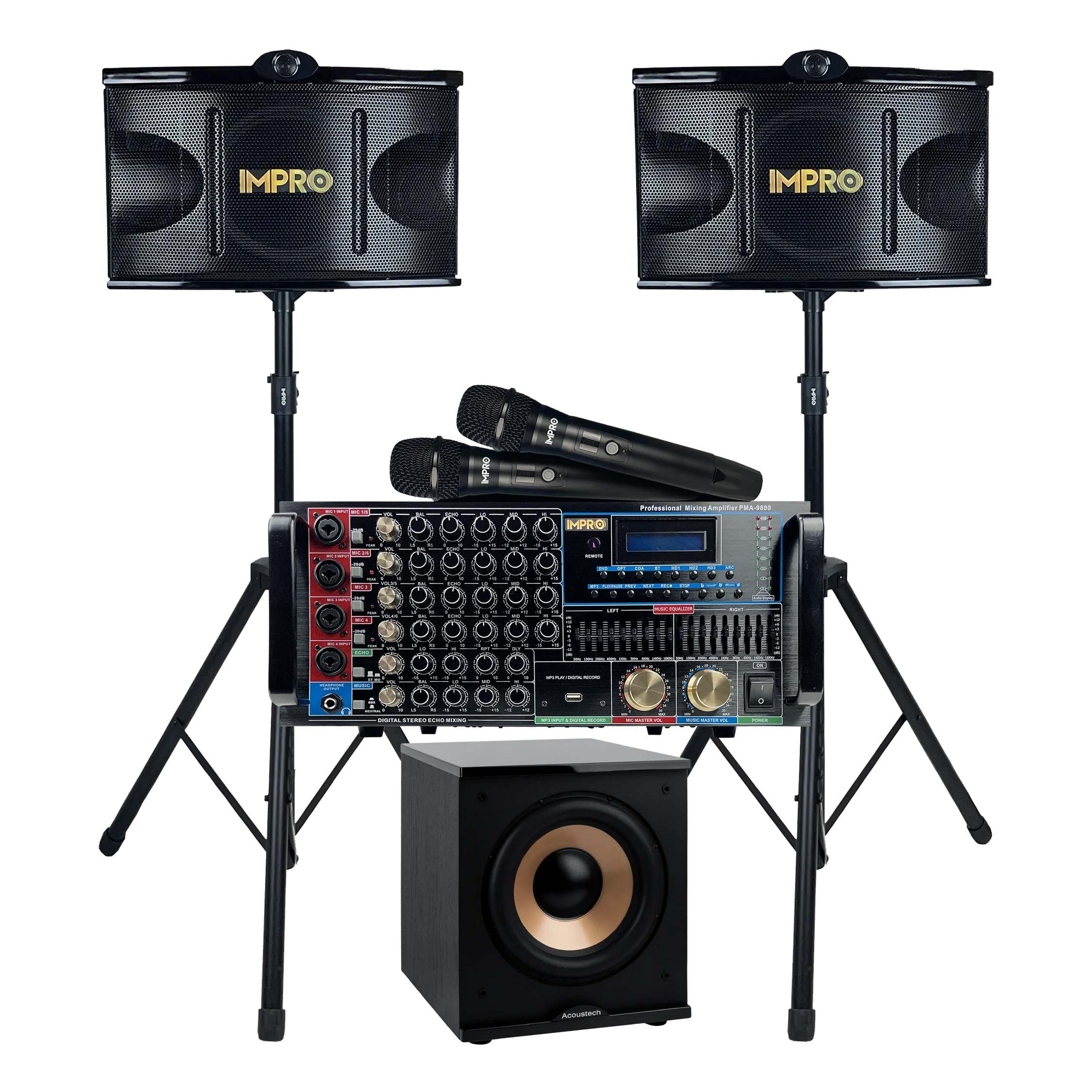 ImPro Epic Party Bundle 2 Plus with Mixing Amplifier, Speakers, Subwoofer, Microphones, and Accessories (6 Items)