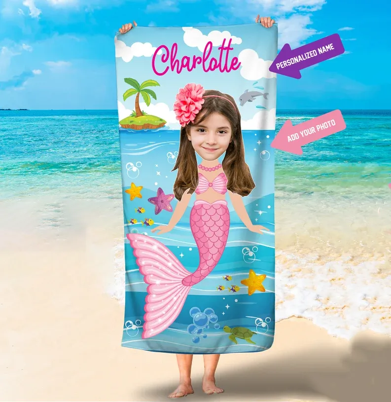 Kids Personalized Photo Face Beach Towel, Custom Photo Face Towels, Mermaid Beach Towels, Mermaid Photo Towels