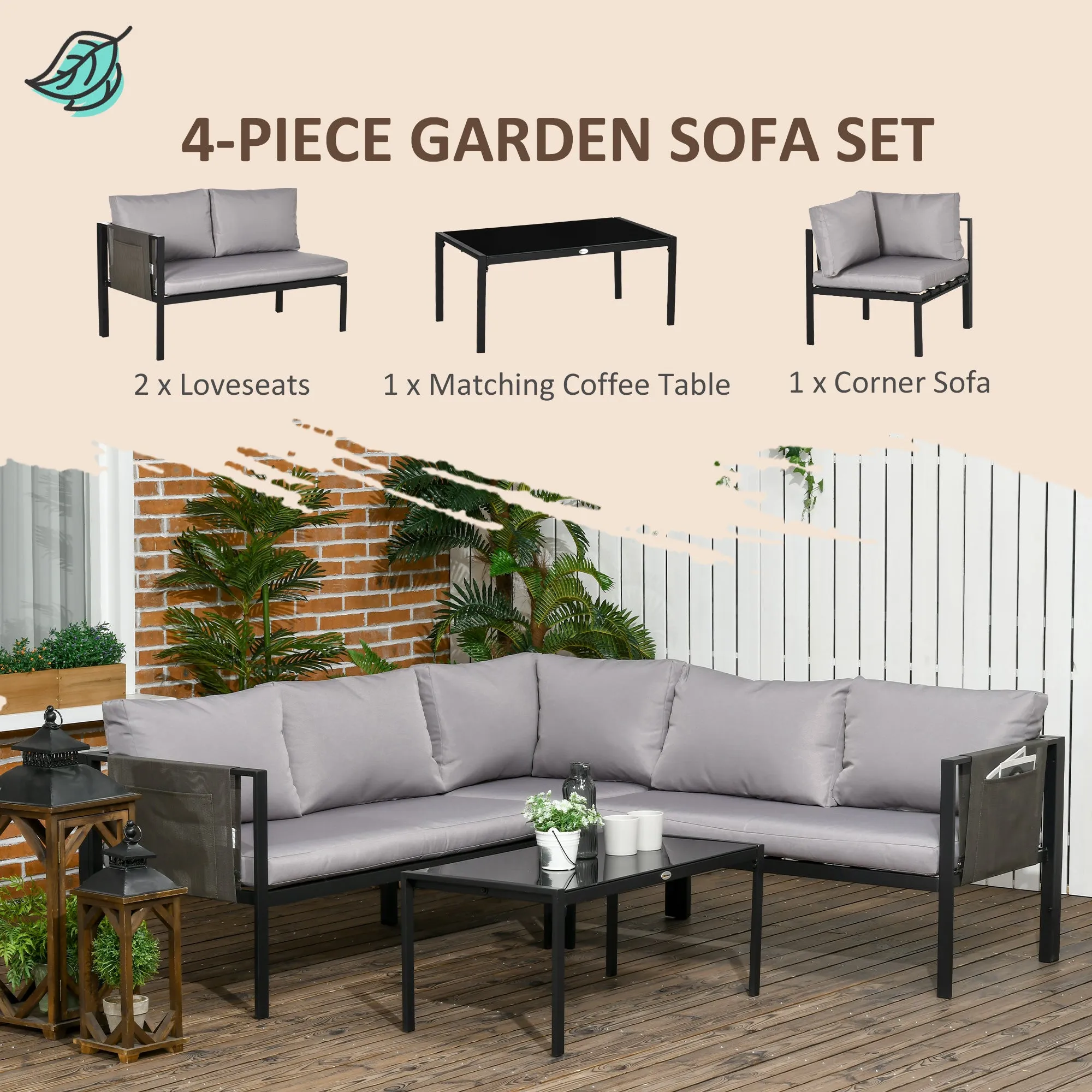 Outsunny 4 Piece Metal Garden Furniture Set with Tempered Glass Coffee Table, Breathable Mesh Pocket, Outdoor Conversational Corner Sofa Loveseat with Padded Cushions, Grey