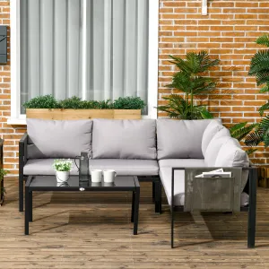 Outsunny 4 Piece Metal Garden Furniture Set with Tempered Glass Coffee Table, Breathable Mesh Pocket, Outdoor Conversational Corner Sofa Loveseat with Padded Cushions, Grey