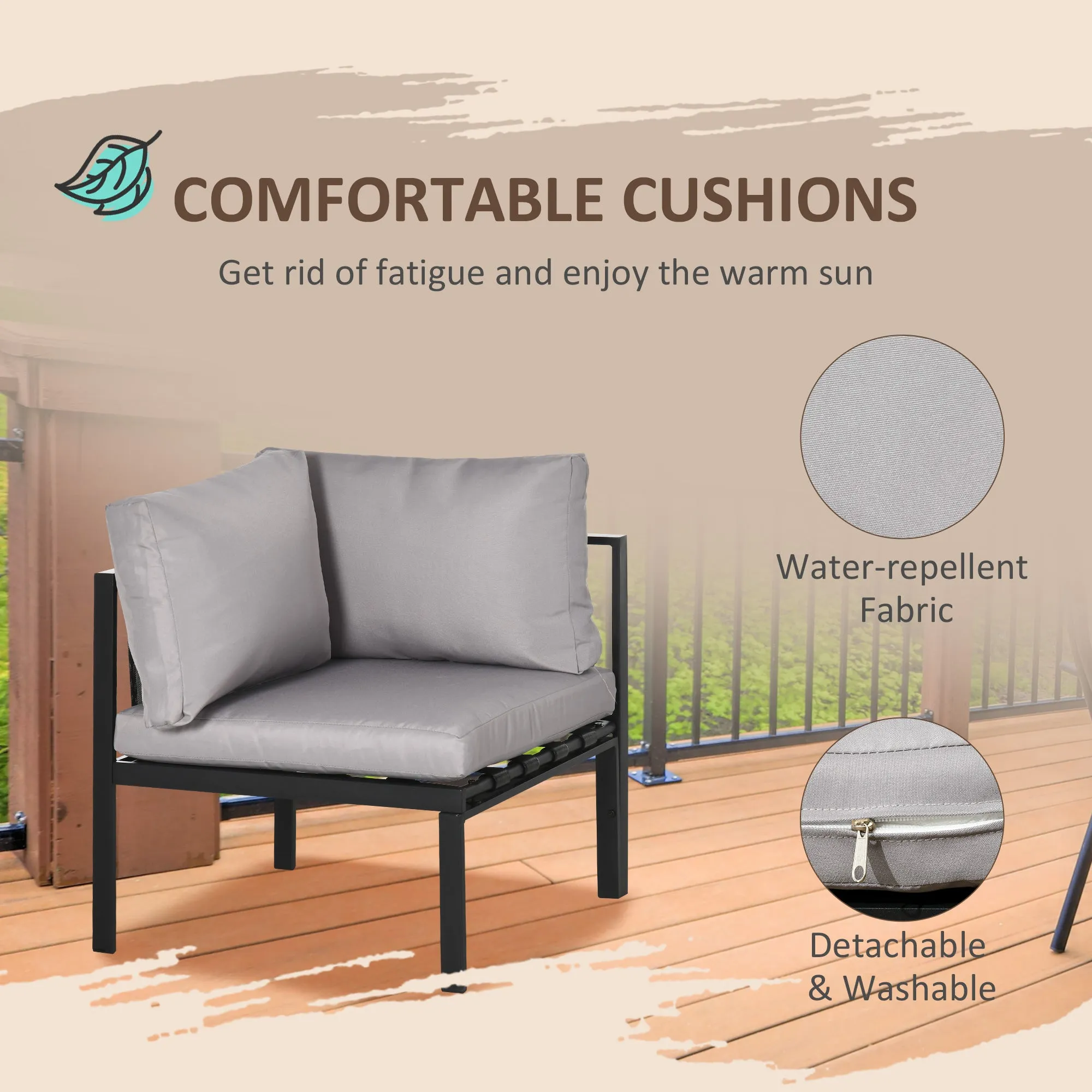 Outsunny 4 Piece Metal Garden Furniture Set with Tempered Glass Coffee Table, Breathable Mesh Pocket, Outdoor Conversational Corner Sofa Loveseat with Padded Cushions, Grey