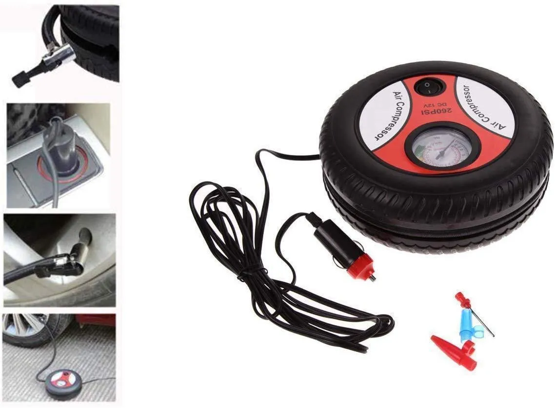 Portable Electric Mini DC 12V Tyre shape Air Compressor Pump for Car & Bike Tyre Tire Inflator Pump for Car and Bike Tyre Tire Inflator