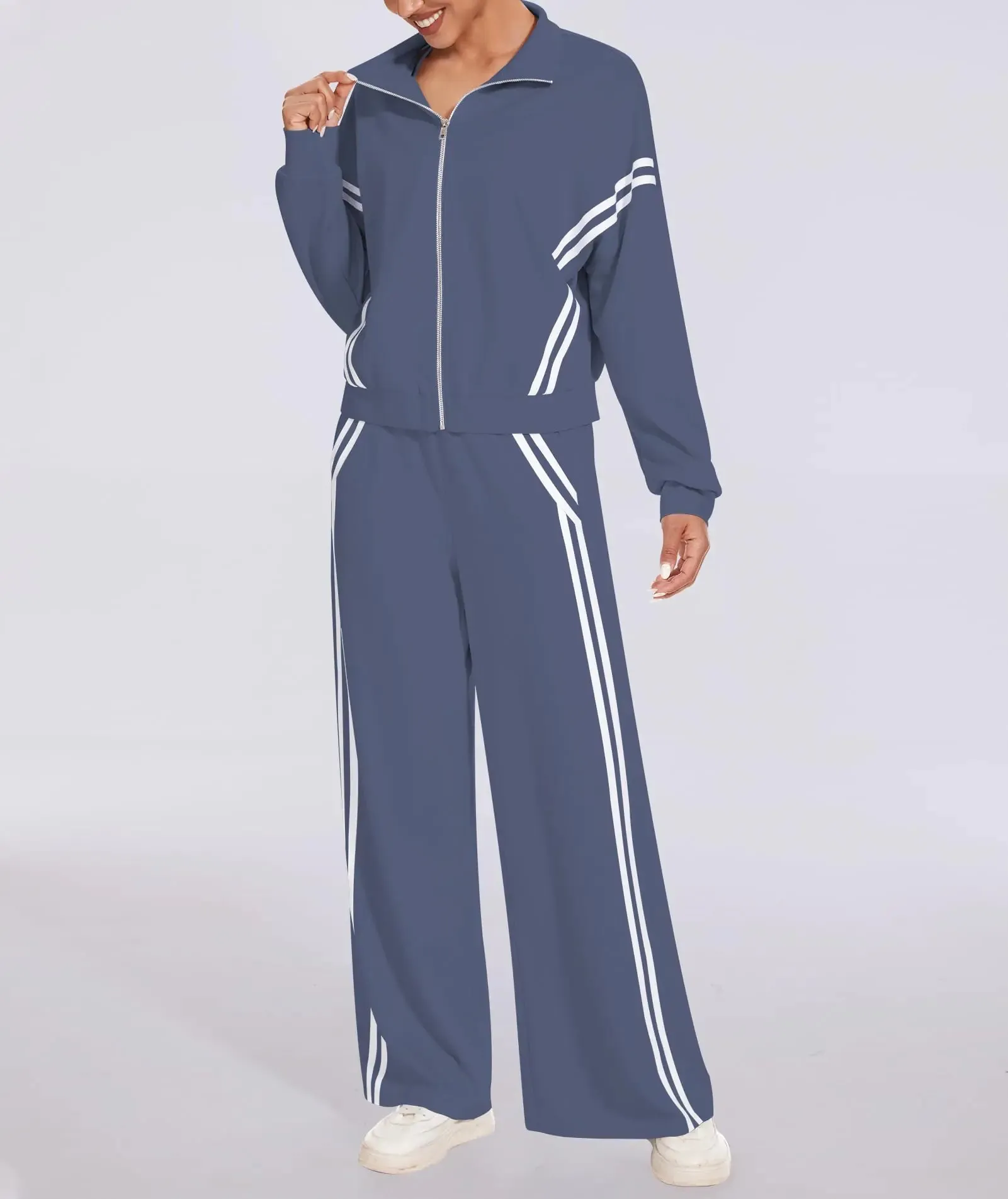 Women's 2 Piece Outfits Zip Up Sweatshirt Contrast Striped Wide Leg Sweatpants Suits Jogger Travel Matching Set Grey Blue X-Small