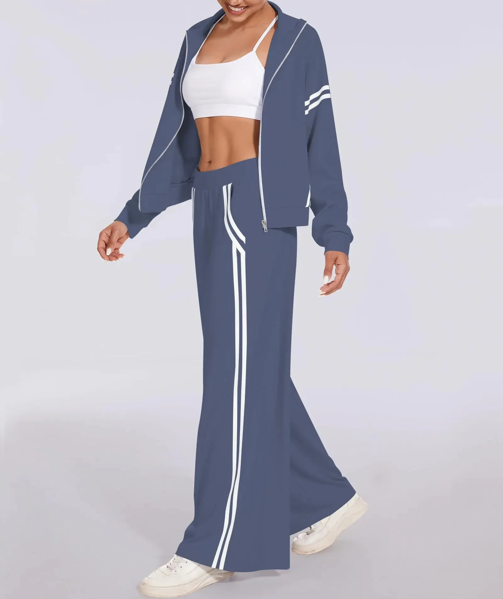 Women's 2 Piece Outfits Zip Up Sweatshirt Contrast Striped Wide Leg Sweatpants Suits Jogger Travel Matching Set Grey Blue X-Small