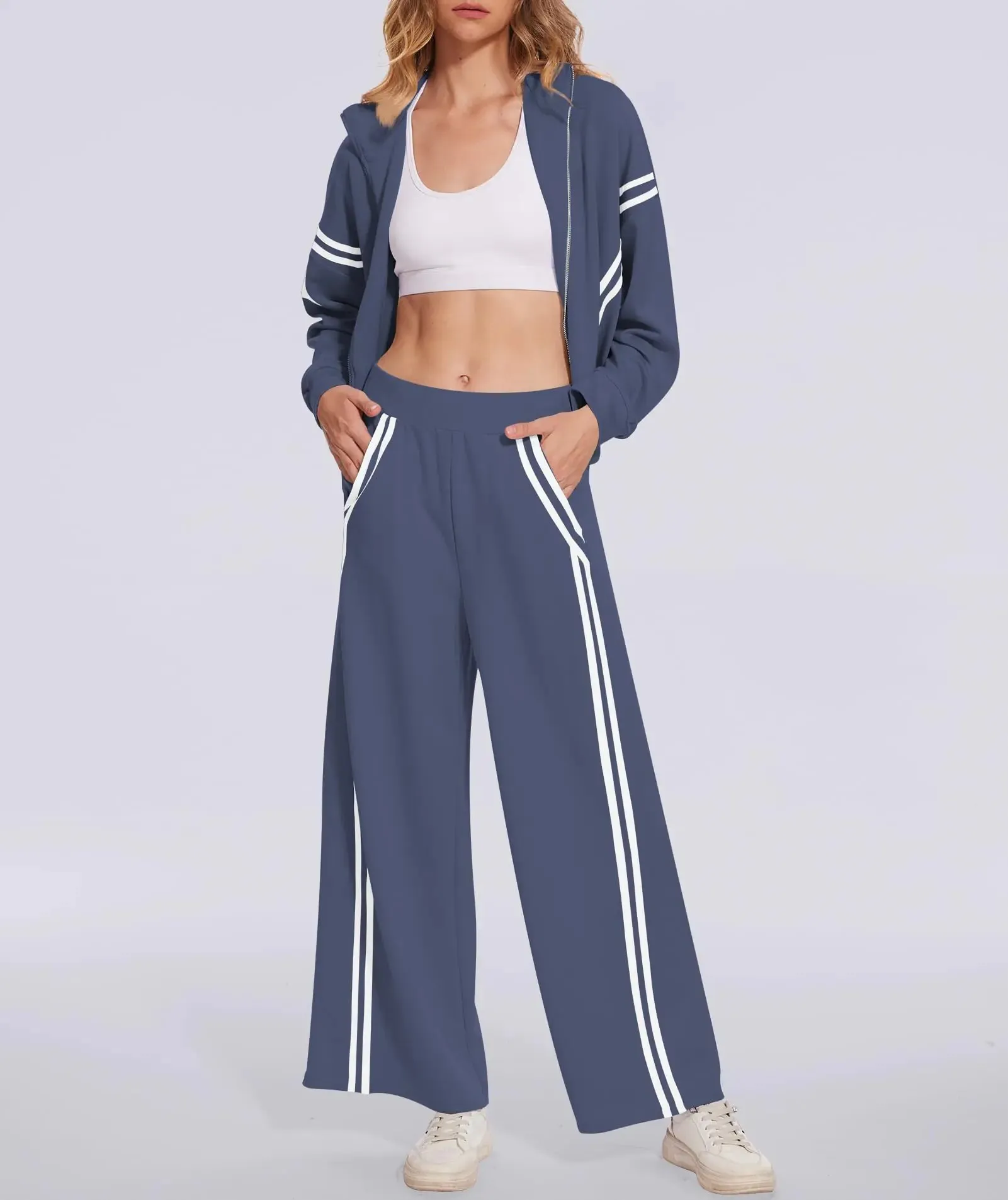 Women's 2 Piece Outfits Zip Up Sweatshirt Contrast Striped Wide Leg Sweatpants Suits Jogger Travel Matching Set Grey Blue X-Small