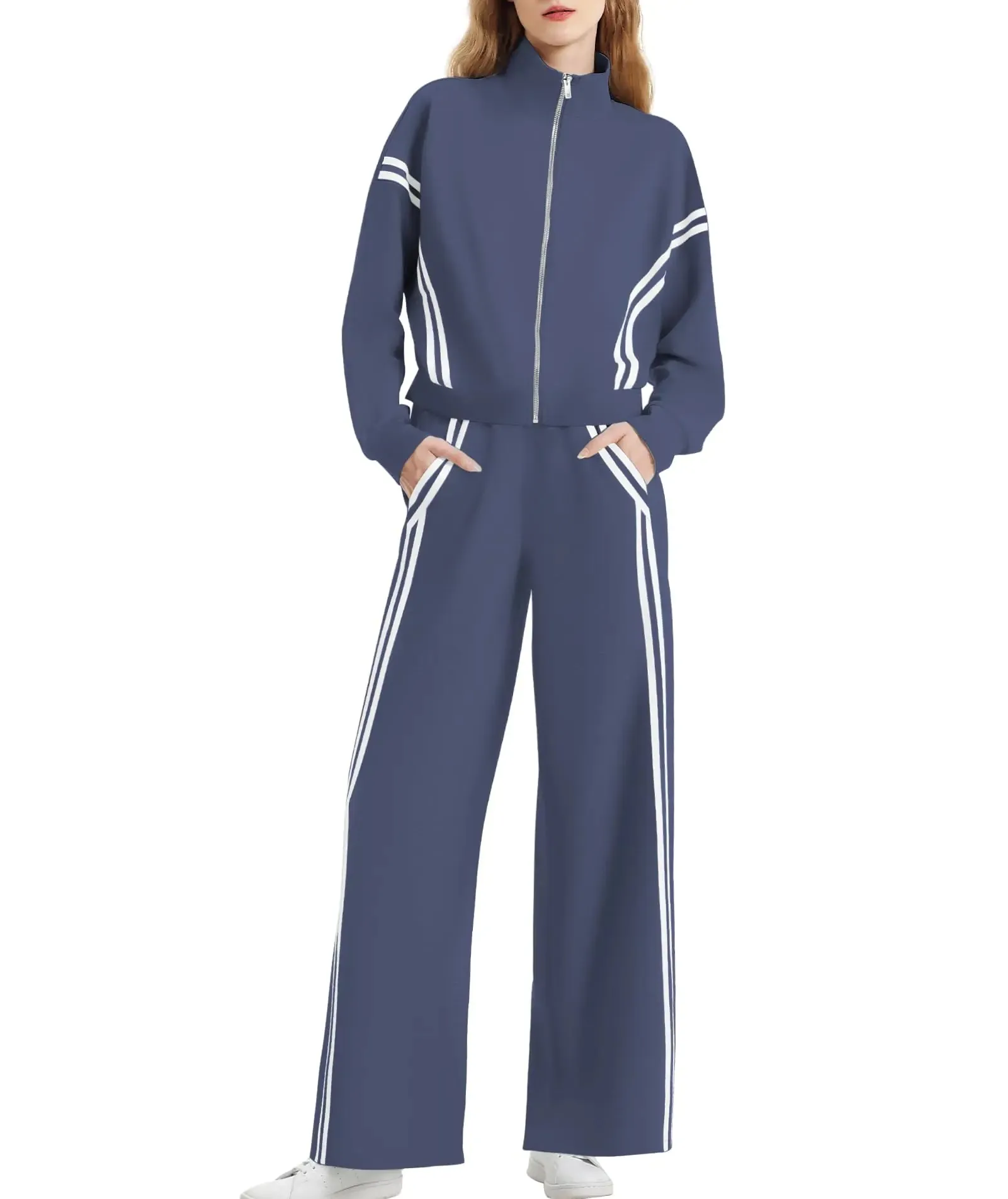 Women's 2 Piece Outfits Zip Up Sweatshirt Contrast Striped Wide Leg Sweatpants Suits Jogger Travel Matching Set Grey Blue X-Small